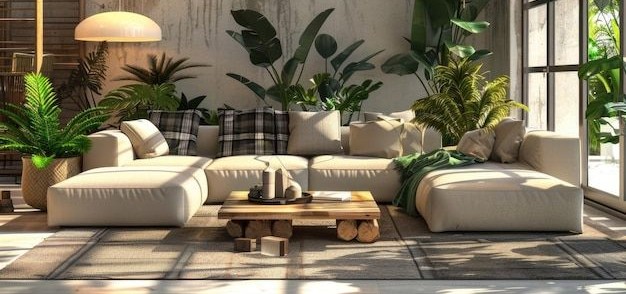 Warm, modern living room display in our showroom